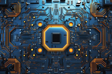 A powerful computer processor or chip on a motherboard. Modern technologies. Blue background.