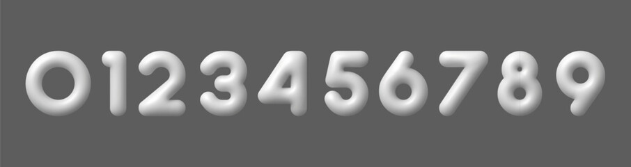 3d white numbers. Realistic gray plastic bubble digits, inflated mathematic 10 number from 0 to 9 for banner cover birthday anniversary isolated vector set