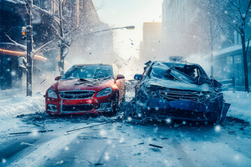 Collision of red and blue car on a street in winter
