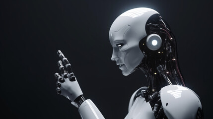 Artificial intelligence concept with a humanoid robot interacting with humans