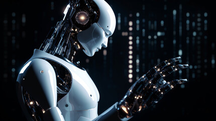 Artificial intelligence concept with a humanoid robot interacting with humans