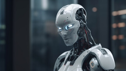 Artificial intelligence concept with a humanoid robot interacting with humans