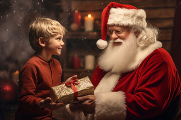 Fototapeta na wymiar Little boy getting gift from Santa Claus in Santa home. Christmas fairytale