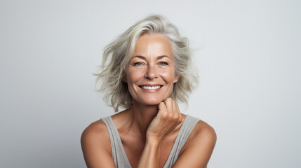 glamour older woman smiling with her hands on her chin, mature model assumed his age with white hair and modern haircut, naturel blue eyes with a happy look, white background  - obrazy, fototapety, plakaty