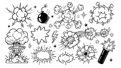 Comic cartoon line bomb explosion. Doodle fight boom and bang effects, black pop drawn explosive elements, explose clouds, sketch shapes. Vector set - obrazy, fototapety, plakaty