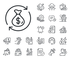 Currency exchange sign. Cash money, loan and mortgage outline icons. Change money line icon. Transfer payment symbol. Change money line sign. Credit card, crypto wallet icon. Vector