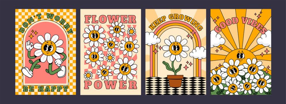 Groovy 70s poster. Retro hippie psychedelic character with groovy landscape. Cute crazy flowers, rainbows, daisy elements. Design template concept vector set