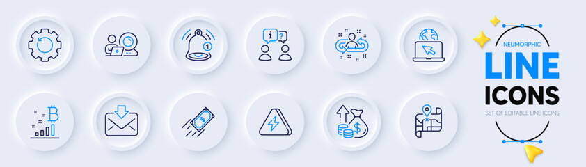 Fast payment, Interview and Recruitment line icons for web app. Pack of Incoming mail, Internet, Map pictogram icons. Lightning bolt, Video conference, Reminder signs. Bitcoin graph. Vector