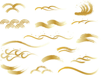 筆で描かれた金色の波と水の素材セット