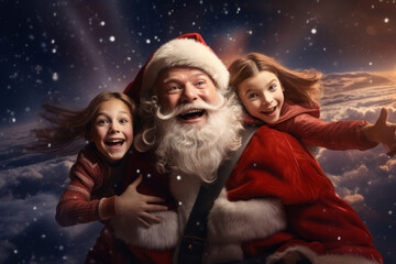 Santa Clause flying with children in clouds. Christmas fairytale. Christmas time