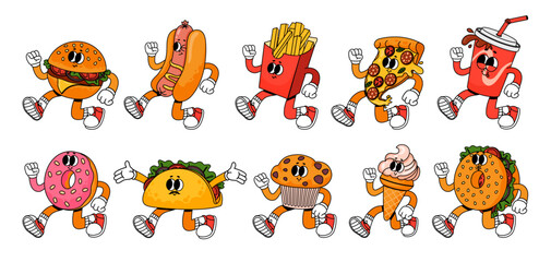 Retro cartoon fast food. Vintage 60s food mascot characters. Groovy 70s stickers in trendy style. Comic soda, crazy burger, psychedelic hot dog, cute pizza face. Vector set © Foxy Fox