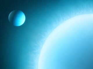 The gas planet's orbit is close to the blue star. Tidally locked planet in outer space. Exoplanet near the sun. 