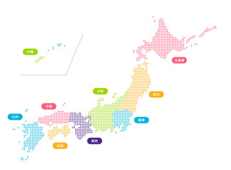 日本地図 (地方別カラー分け ) ベクターイラスト (角ドット)
