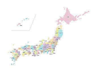 日本地図 (47都道府県カラー分け | 都道府県名) ベクターイラスト (角ドット)
