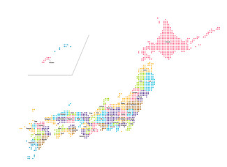 Vector illustration of Japan map (map drawn with square dots) | Colors are changed for each prefectures