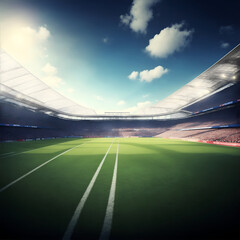 Soccer field with illumination, green grass, and cloudy sky, background for design or advertising
