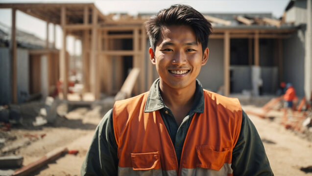 Giovane operaio edile di origini asiatiche sorridente in un cantiere