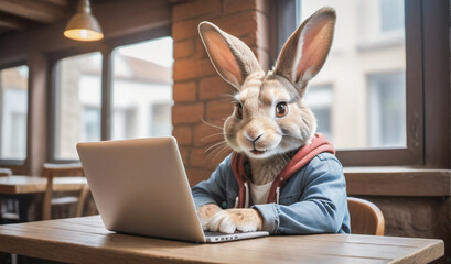 a smart rabbit working on laptop in cafe. student rabbit work on computer laptop at table in a bar or library