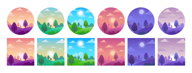 Landscape in different parts of day. Countryside landscape in different times of day. Village view in the morning, day and night. Field with trees at noon and evening. Vector set