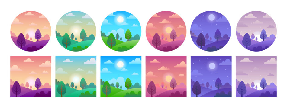 Landscape in different parts of day. Countryside landscape in different times of day. Village view in the morning, day and night. Field with trees at noon and evening. Vector set