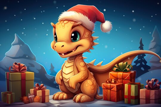 A cute cartoon red dragon in a Santa hat sits next to the Christmas gifts. New year animal illustration.