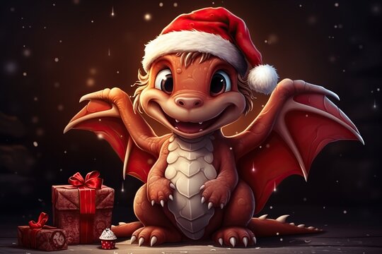 A cute cartoon red dragon in a Santa hat sits next to the Christmas gifts. New year animal illustration.