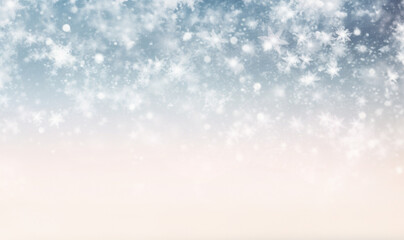 Magical Winter forest scene soft pastel colored. Snow fall in the sky. Trees in winter woods covered with snow. Dreamy background for Christmas or New Year greetings. illustration in watercolor style.