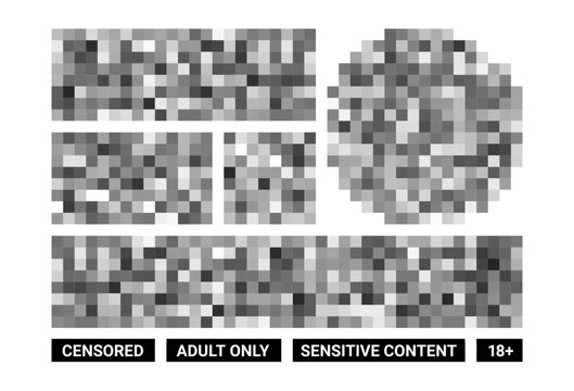 Censored pixel. Blur effect semi transparent texture, blurry pixel grey censorship censor patterns, blurred bar for photo, app and tv isolated vector set