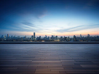 Perspective view of empty floor and modern rooftop building with cityscape scene