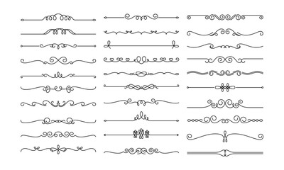 Line dividers. Decorative swirl text separators, vintage divider. Victorian flourishes line calligraphic swirly filigree decoration editable stroke vector set - obrazy, fototapety, plakaty