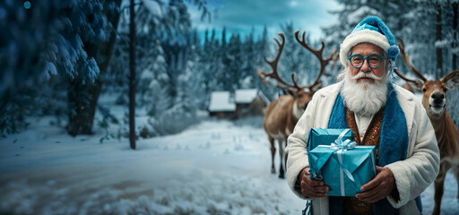 Santa Claus handing out presents, Christmas scene in a wintery atmosphere with reindeer. Advertising space for businesses during the holidays. Website header, background with copy space