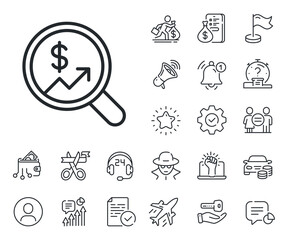 Analytics with charts symbol. Salaryman, gender equality and alert bell outline icons. Business Audit or Statistics line icon. Search Magnifier sign. Currency audit line sign. Vector