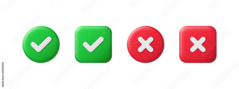 Wall mural right and wrong 3d buttons. tick cross, red and green glossy round and square checklist icons. check