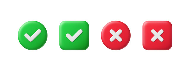 Right and wrong 3D buttons. Tick cross, red and green glossy round and square checklist icons. Check mark acceptance, X rejection button. 3d realistic vector set - obrazy, fototapety, plakaty