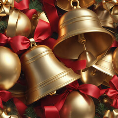 shiny red and golden christmas bells with red green ribbon