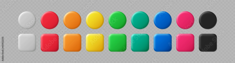 Wall mural 3d color button. square and circle glossy colorful web ui buttons, red and green, black and white, b