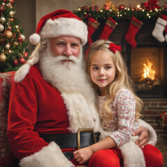 Fototapeta na wymiar little girl sitting with santa and presents on christmas