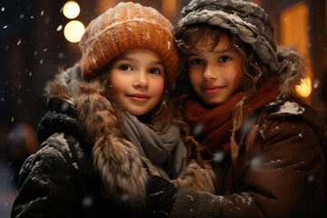 portrait cute little boy and girl in winter outfit looking at snowfall. Winter lifestyle, first snow