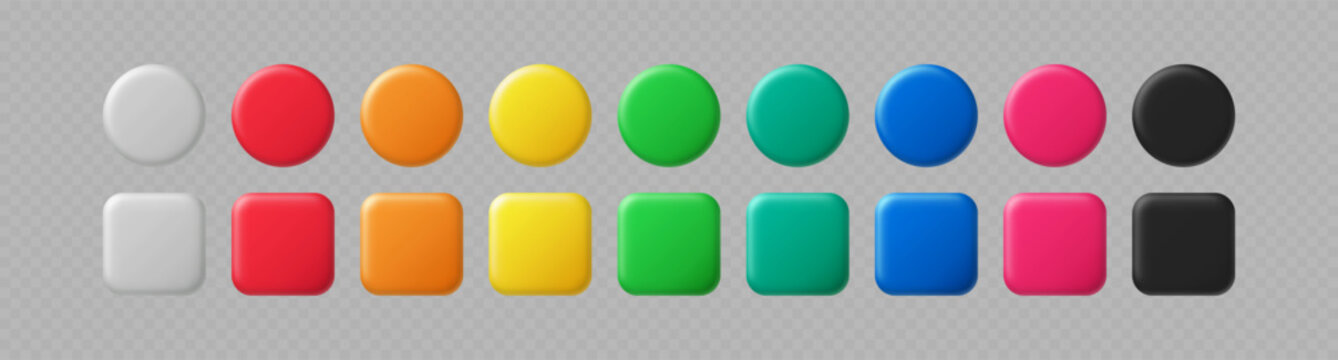 3D color button. Square and circle glossy colorful web ui buttons, red and green, black and white, blue and yellow user interface vector elements