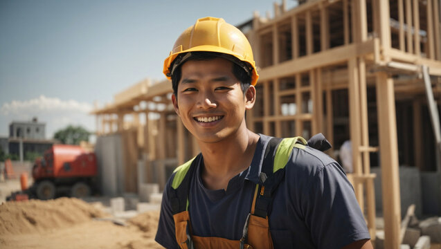Giovane operaio edile di origini asiatiche sorridente in un cantiere