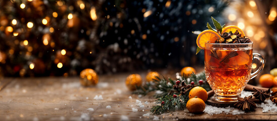 Winter tea on a table covered in snow, cozy advertising space for restaurants and winter lodges, hot drink surrounded by oranges and winter symbols Website header with copy space for christmas - obrazy, fototapety, plakaty