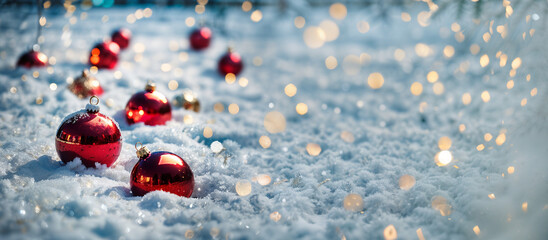 Red Christmas baubles  in the snow, under Christmas tree, falling snow, and frost, lights bokeh. Copy space, winter website header, advertising space during the holiday season,