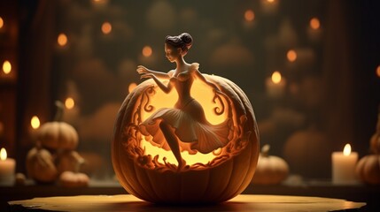 A pumpkin carved with a haunted music box, featuring a tiny ballerina spinning to an eerie melody. 