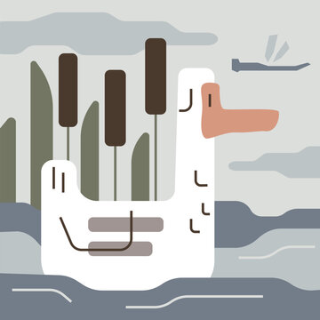 Funny cartoon goose swimming among the reeds. Funny birg floating in water along the shore. Vector abstract illustration.