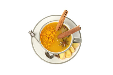 PNG, Cup of tea with spices, isolated on white background, top view
