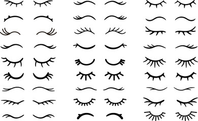 Closed eye with eyelashes with stars cute vector icon for cartoon character illustration. Night sleep girl or unicorn long eyelash line simple face part graphic makeup mascara symbol. 