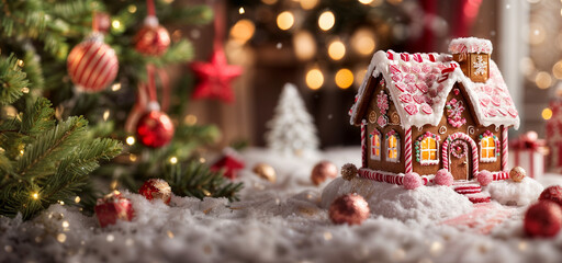 Gingerbread house on snow with christmas tree in cozy home. Christmas season winter website header, benner with copy space. 