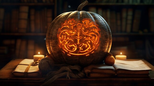 A pumpkin carved with a mysterious book of spells, its pages flipping open to reveal cryptic symbols and incantations. 