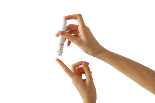 PNG, Medical equipment for diabetics in hands, isolated on white background - Powered by Adobe