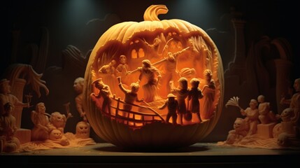 A pumpkin carved with a scene from a haunted theater, featuring ghostly actors performing on an ethereal stage. 